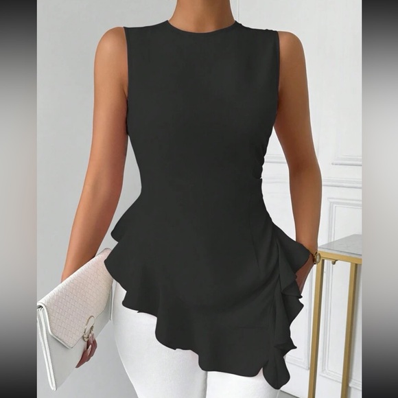 Luxe pink round neck ruffle hem sleeveless blouse - Picture 11 of 16